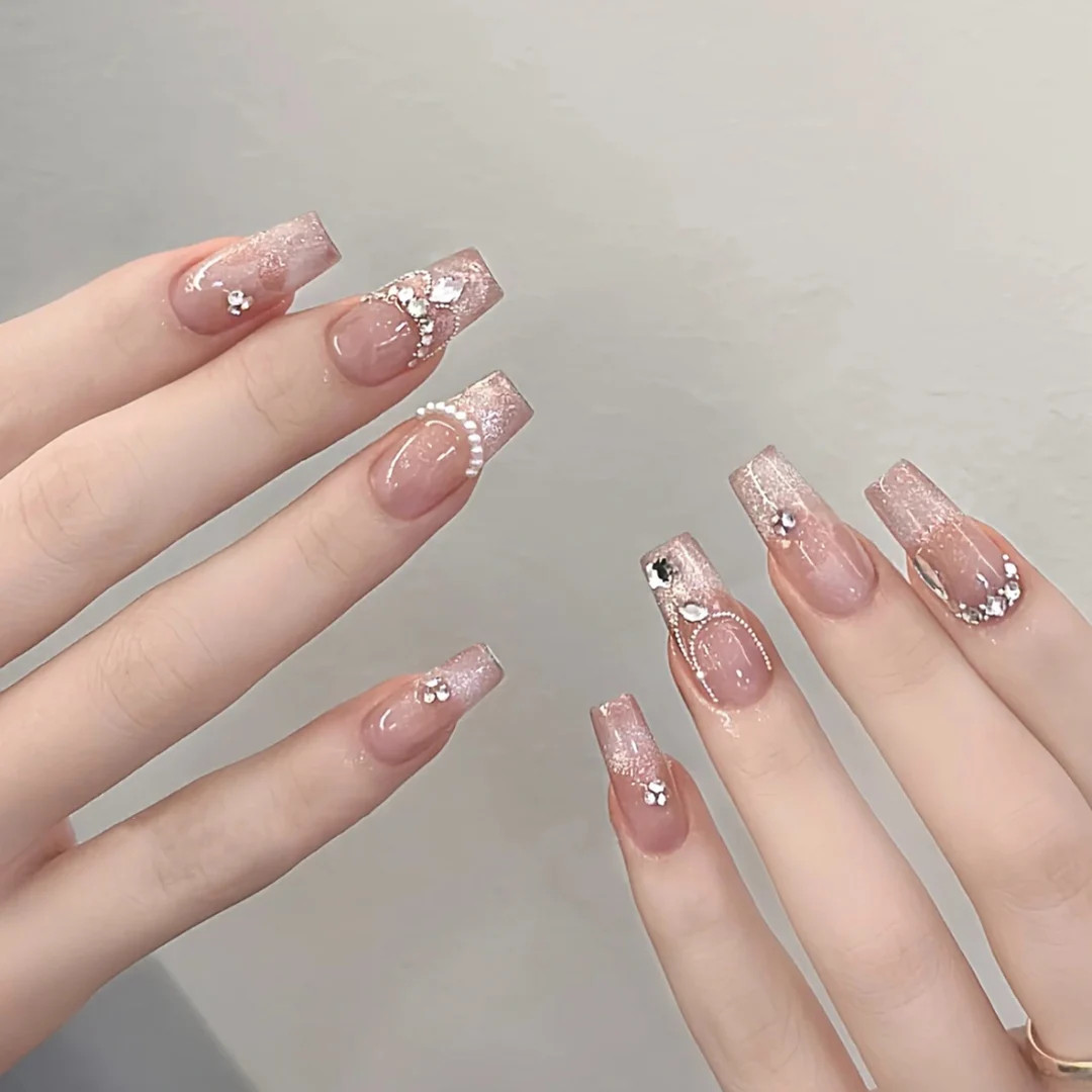 Gentle Girl French Pink Cat Eye Nails, Bridal Wedding Nails, Nail Art Patches, Handmade Pressed N... | Etsy (US)
