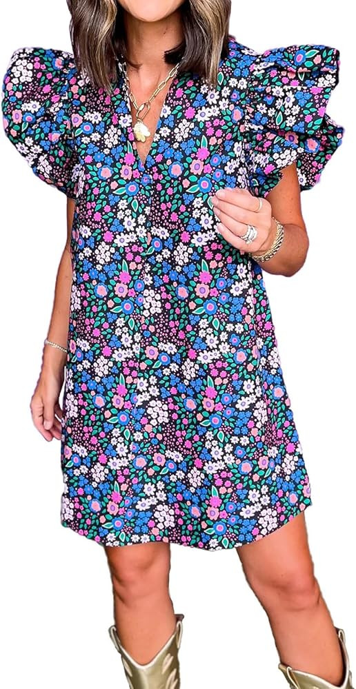 hibshaby Women's Floral Babydoll Mini Dress V-Neck Ruffle Sleeve Cute Dress Sundress | Amazon (US)
