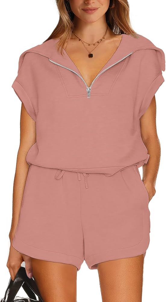 WIHOLL Womens Two Pieces Outfits Summer Half Zip Lapel Collar Short Sleeve Sweatshirt Lounge Set ... | Amazon (US)