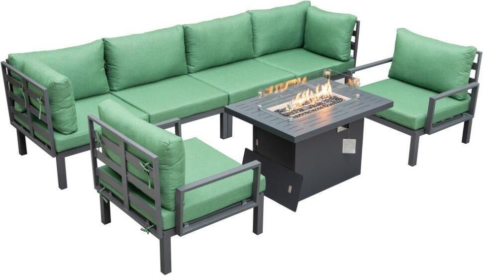 Leisuremod Hamilton 7-Piece Aluminum Patio Conversation Set With Fire Pit Table And Cushions In Gree | 1stopbedrooms