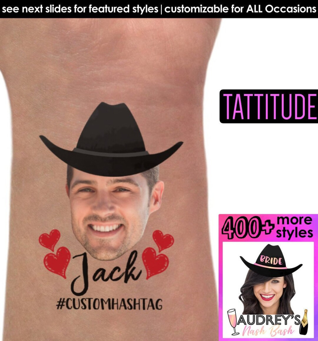 Nashville bachelorette party Custom Tattoos, country theme bachelorette, nash bash, groom face ta... | Etsy (US)