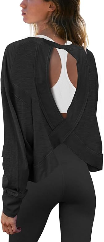 Panadila Womens Open Back Workout Top Long Sleeve Athletic Shirts Casual Crop Running Tee Y2k Yog... | Amazon (US)