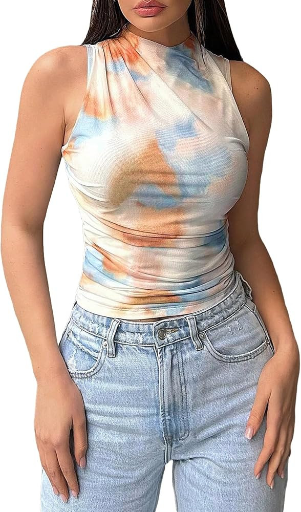 BEAUDRM Women's Tie Dye Tank Top Casual Mock Neck Ruched Comfy Sleeveless Slim Pullover Vest Mult... | Amazon (US)