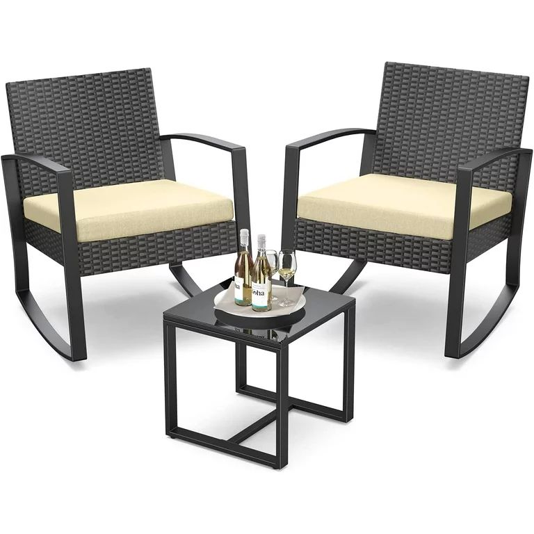 3 Piece Patio Bistro Set, Outdoor Furniture Rocking Chair Set with Glass Table, Beige Cushion | Walmart (US)