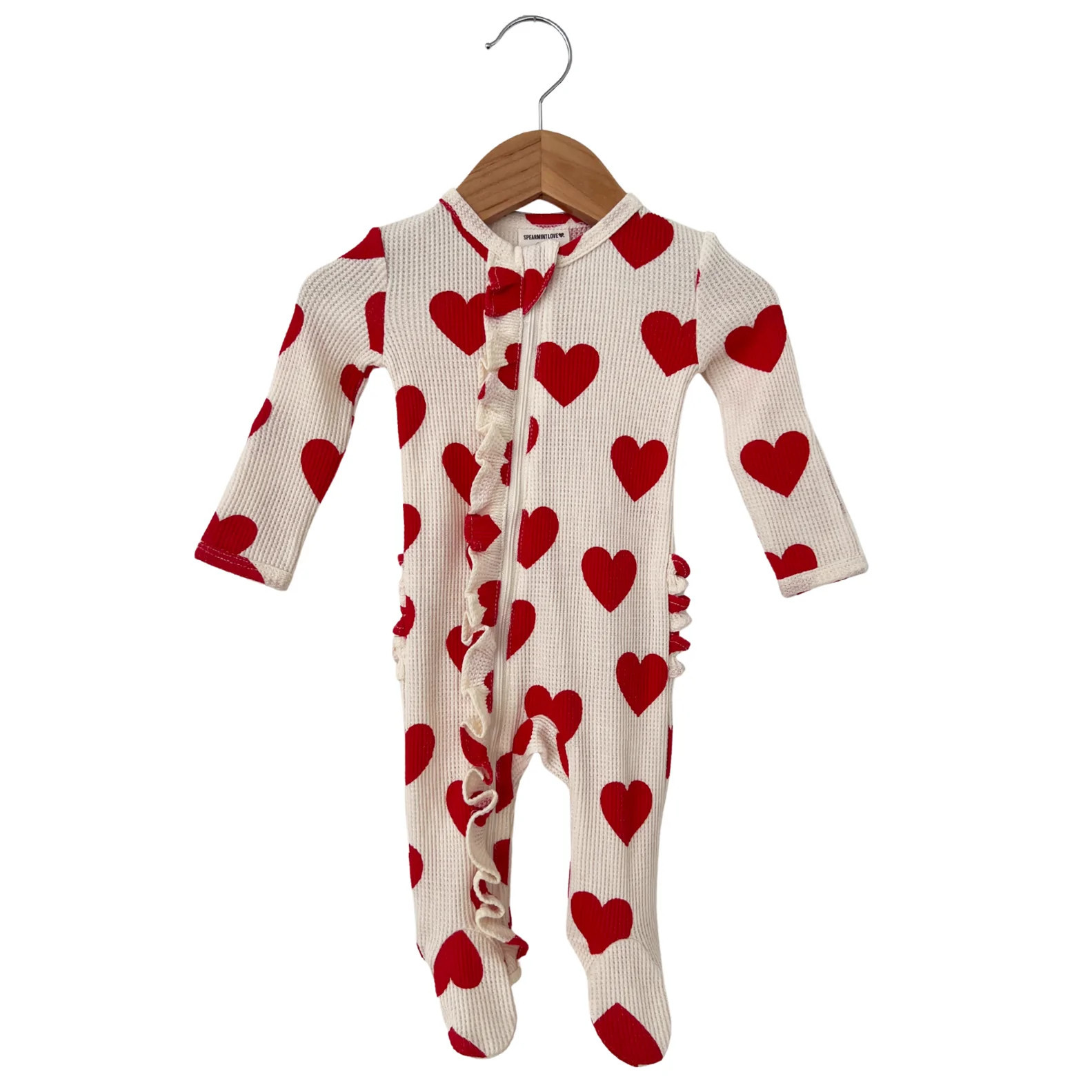Organic Waffle Ruffle Zip Footie, Red Heart | SpearmintLOVE