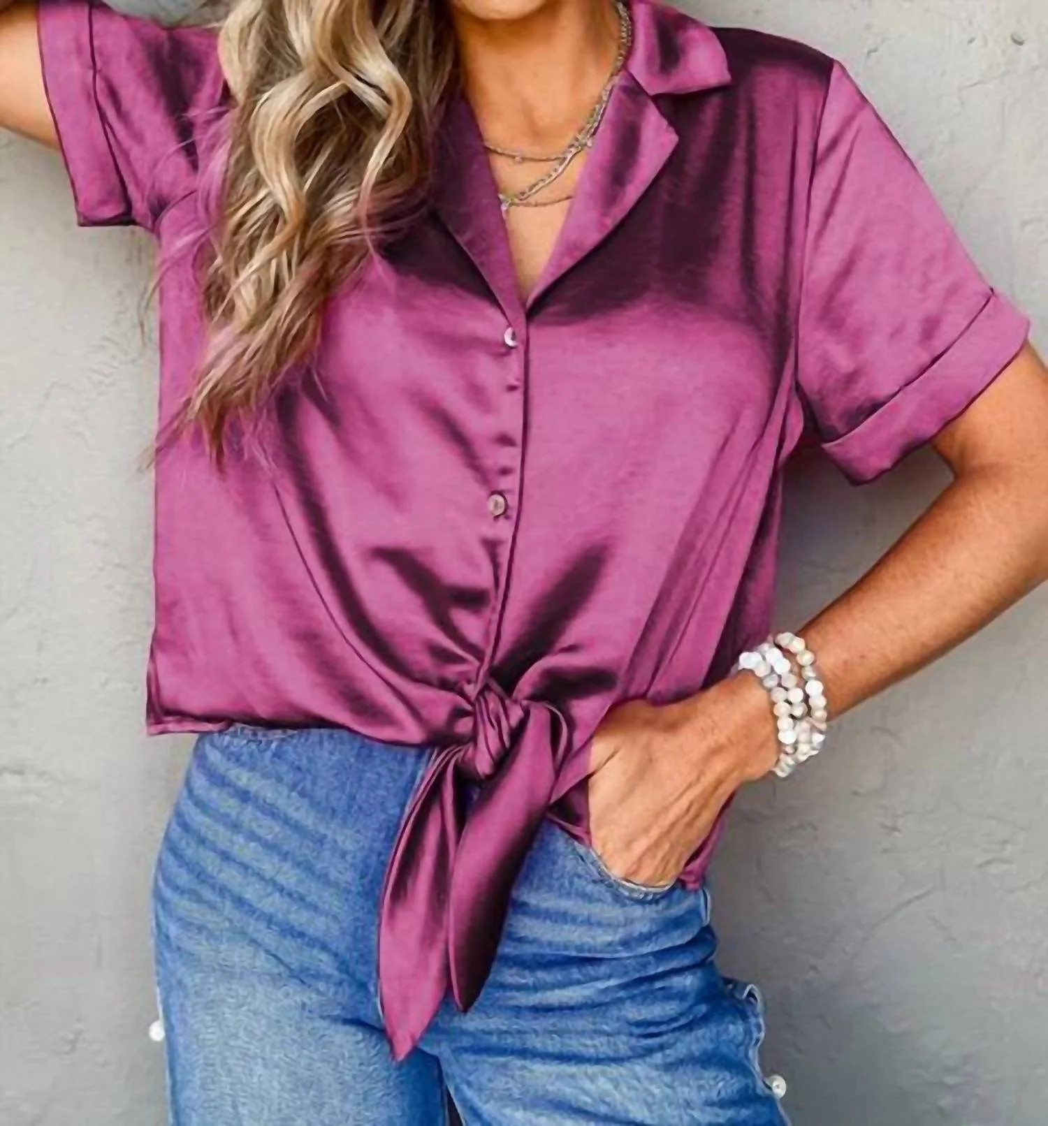 Women's Satin Buttoned Shirt In Purple | Shop Simon
