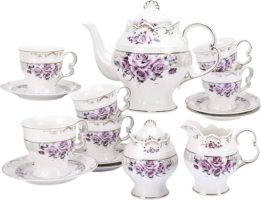 fanquare 15 Piece Porcelain Tea Set for Adults, Wedding Tea Service, Large British Teapot with Cu... | Amazon (US)