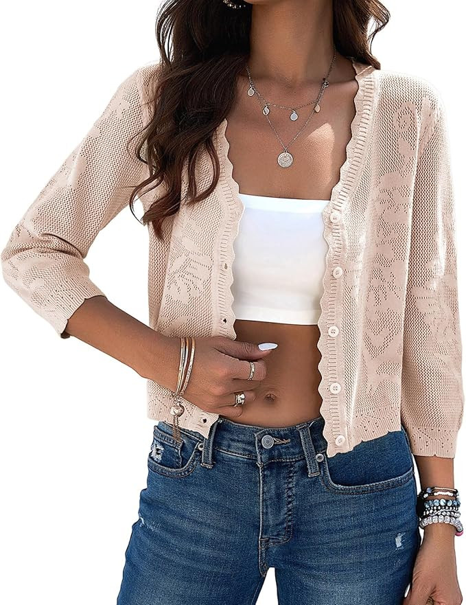 Women Crop Cardigan Sweaters Lightweight 3/4 Sleeve Button Up Crochet Shrug | Textured Bolero For... | Amazon (US)