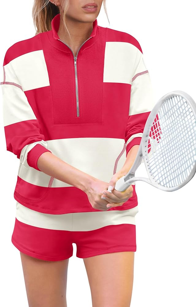 Panadila Womens Striped Workout Set Two Piece Outfits Oversized Lounge Set Long Sleeve Tops and S... | Amazon (US)