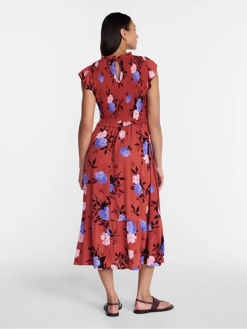 Time and Tru Women's and Women's Plus Smocked Bodice Midi Woven Dress, Sizes XS-4X | Walmart (US)