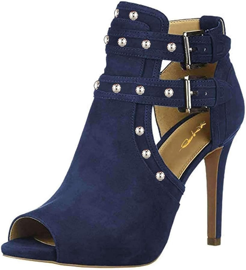 XYD Women Chic Studs Peep Toe Ankle Bootie High Heel Pumps Buckled Double Straps Cutout Fashion P... | Amazon (US)