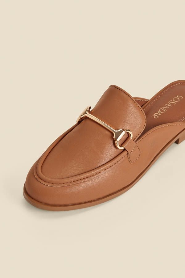 Tan Faux Leather Gold Trim Mule Loafers | Sosandar