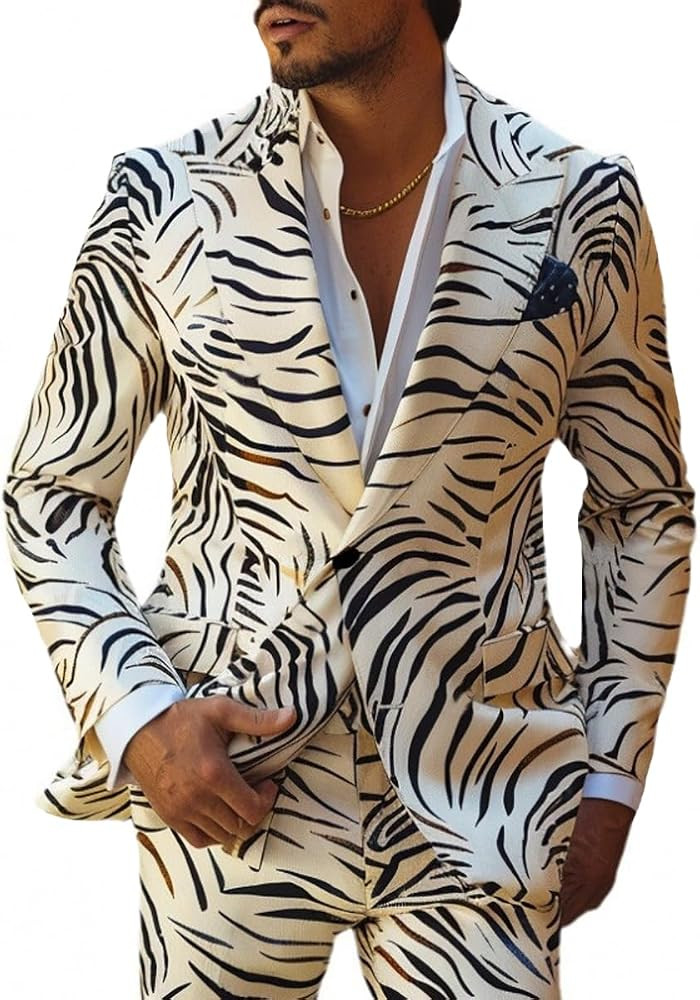 Mens 2 Piece Suit Floral Leopard Flame Print Coat Pants Two Buttons Casual Nightclub Fashion Slim... | Amazon (US)