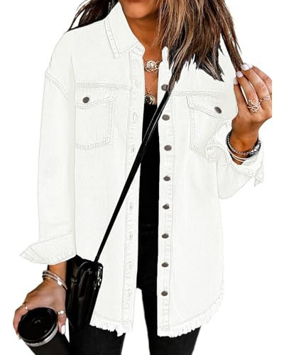 Vetinee Women's White Jacket Women Oversized Boyfriend Brilliant White Front Button Up Frayed Raw Hem Long Sleeve Pockets Denim Jean Jacket Shacket Large Size 12 Size 14 | Amazon (US)