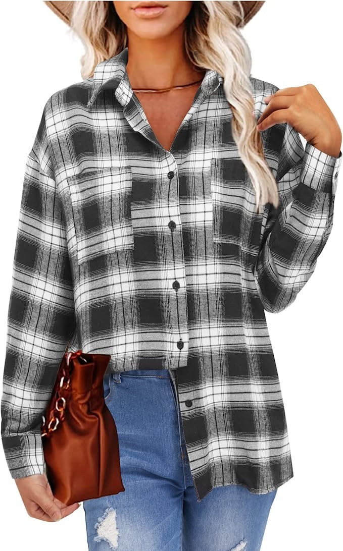 LAISHEN Womens Flannel Plaid Shirts Oversized Long Sleeve Button Down Blouse Tops | Amazon (US)