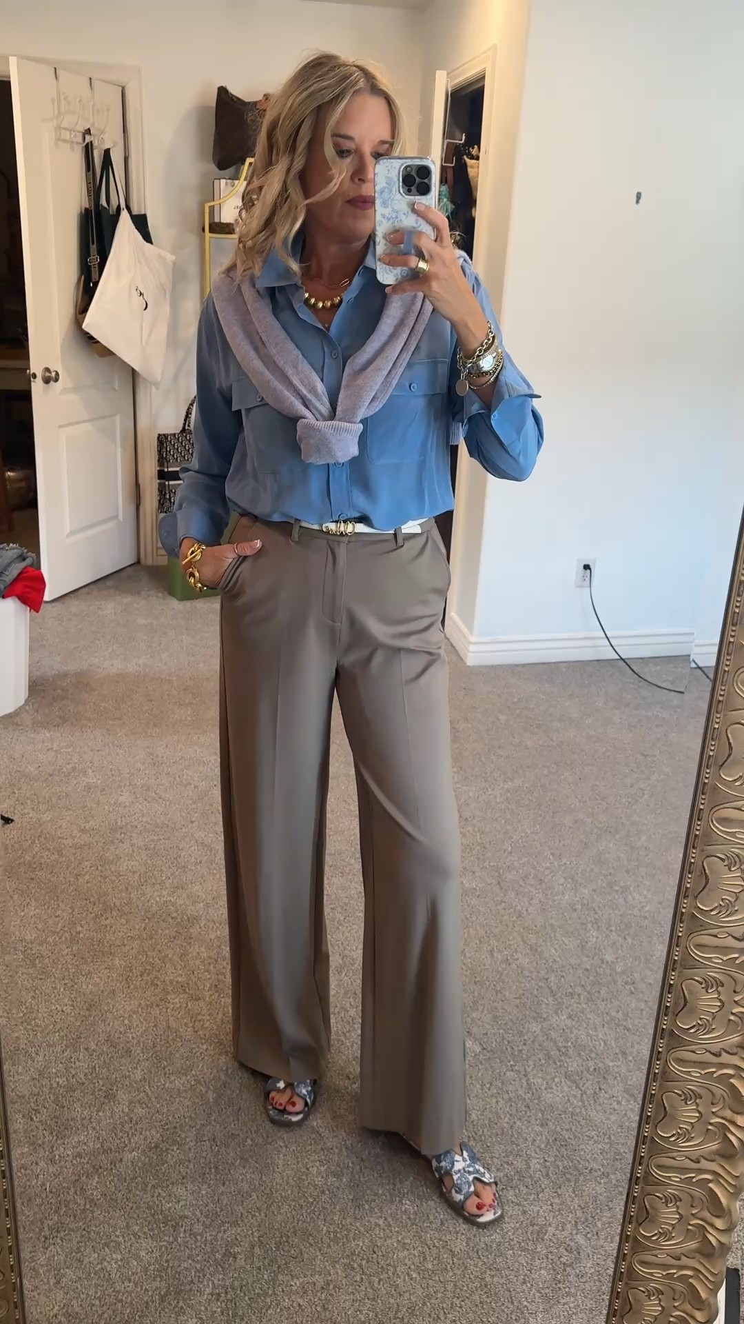 The perfect workwear outfit for late Summer -Early Fall by NYDJ

A great teacher outfit or great for workwear. NYDJ  has beautiful light weight fabrics, that look and feel great!

This  Gorgeous cornflower blue silk button up blouse fits tts I am in a small. It feels so good on the skin (I have in pink as well.) 

Pairs beautifully with these mocha pleated trousers. I am wearing a size 4 

Cashmere sweater pullover crewneck tts , wearing over shoulder but looks and fits great alone or layered. 

Chloe belt 

Toile blue and white slide sandals  from target $20

Gold ball hoops and necklace lisi lurch 


#LTKWorkwear #LTKStyleTip #LTKOver40