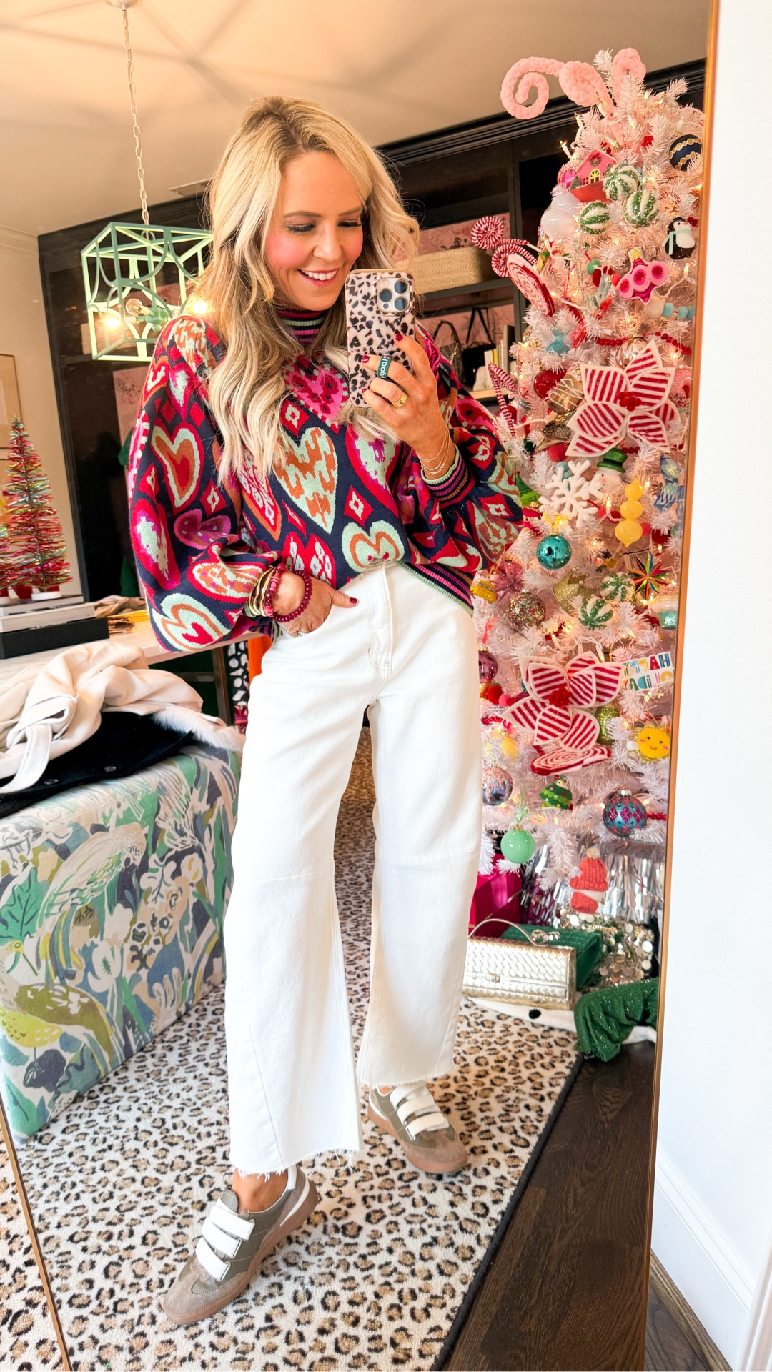 winter white denim (wearing size 24) and the cutest heart print sweater ever (XS) • 

#LTKOver40 #LTKFindsUnder100 #LTKSeasonal