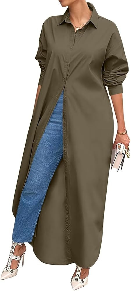 Choichic Shirt Dresses for Women Casual Long Sleeve Cotton Button Down Maxi Dresses | Amazon (US)