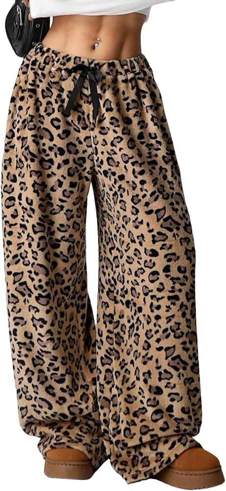 Wyeysyt Women Fuzzy Pajama Pants Plush Elastic Waist Wide Leg Leopard Pants Pj Bottoms Lounge Flu... | Amazon (US)