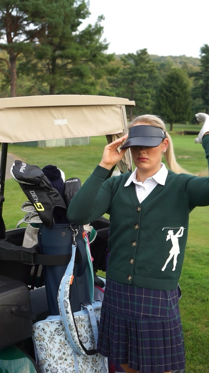 Golf outfit, golf skirt, golf sweater, visor, golf shoes, golf bag 

#LTKActive #LTKFitness #LTKVideo