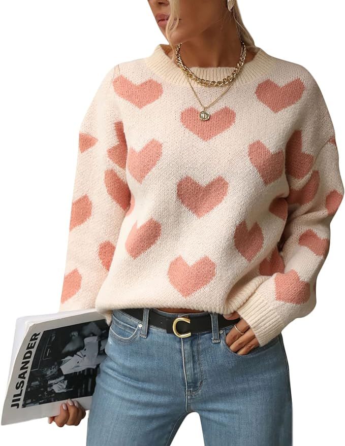 Tangduner Cute Heart Print Women’s Sweater Valentine's Day Oversized Knit Pullovers A-Pink at A... | Amazon (US)