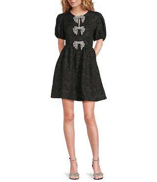 Sugarlips Arian Floral Jacquard Glowria Rhinestone Bow Short Puff Sleeve Mini Dress | Dillard's | Dillard's