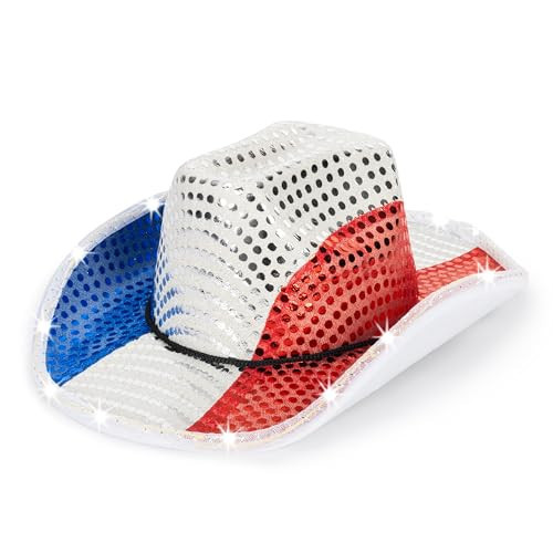 Mawjom Sparkly US-Flag Western Cowboy Hat - 4th of July Red White Blue Sequin Cowgirl Hat for Independence Day Party | Amazon (US)