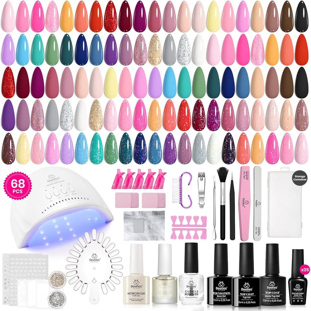 Beetles Gel Nail Polish Kit with U V Light - 68 Pcs Set 35 Colors Pink Glitter Nude Gray Gel Poli... | Amazon (US)