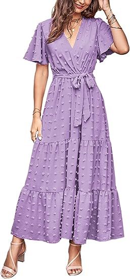 MASCOMODA Women Boho Swiss Dot Maxi Dresses Wrap V Neck Flutter Short Sleeve Solid Tie Waist A Li... | Amazon (US)