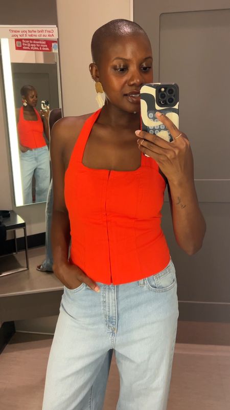 Orange square neck halter and high rise wide leg denim jeans from Jenee Taylor Future Collective at Target. Size down in the top and size up in the jeans  

#LTKFindsUnder50 #LTKFindsUnder100 #LTKVideo