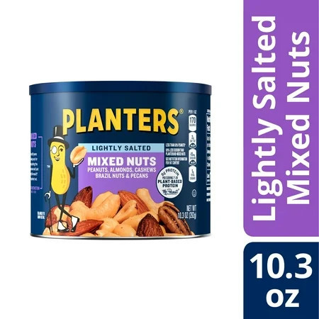 Planters Lightly Salted Mixed Nuts with Peanuts, Almonds, Cashews, Hazelnuts and Pecans, Plant Based Protein, 10.3 oz Canister | Walmart (US)