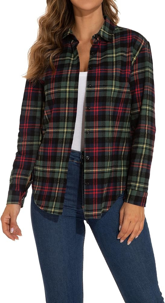 GUANYY Classic Plaid Button Down Shirt Green Plaid Shirt Red Plaid Shirt Best Amazon Jeans Outfit | Amazon (US)