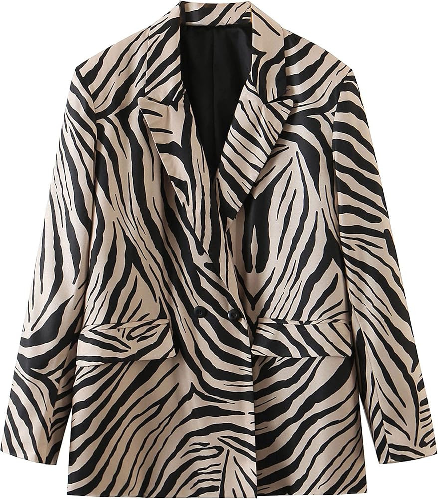 Moonetto Women’s Retro Zebra Print Blazers Mid-long Notched Lapel Work Office Jacket Coats | Amazon (US)
