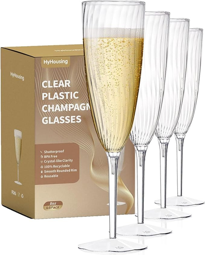 48 Plastic Champagne Flutes, Clear Disposable Plastic Champagne Glasses Reusable Wine Cocktail Cu... | Amazon (US)