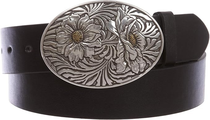 1 1/2" Snap On Oval Sunflower Engraving Buckle With Leather Belt | Amazon (US)