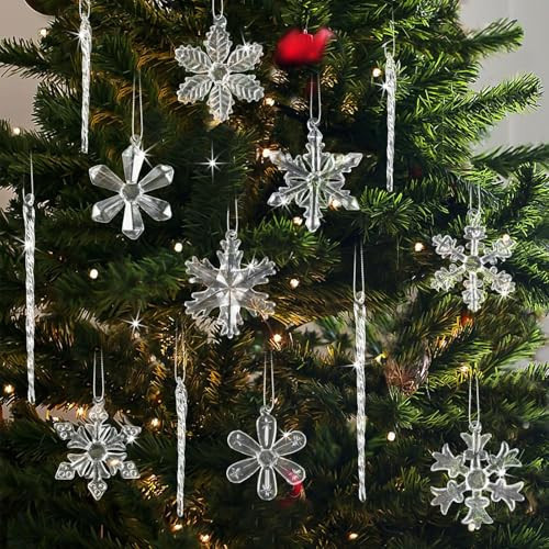 Glass Snowflake Icicle Ornaments for Christmas Tree Decorations - 18Pcs Clear Glass Ornaments Set for Christmas Tree Winter New Year Party Decor Supplies | Amazon (US)