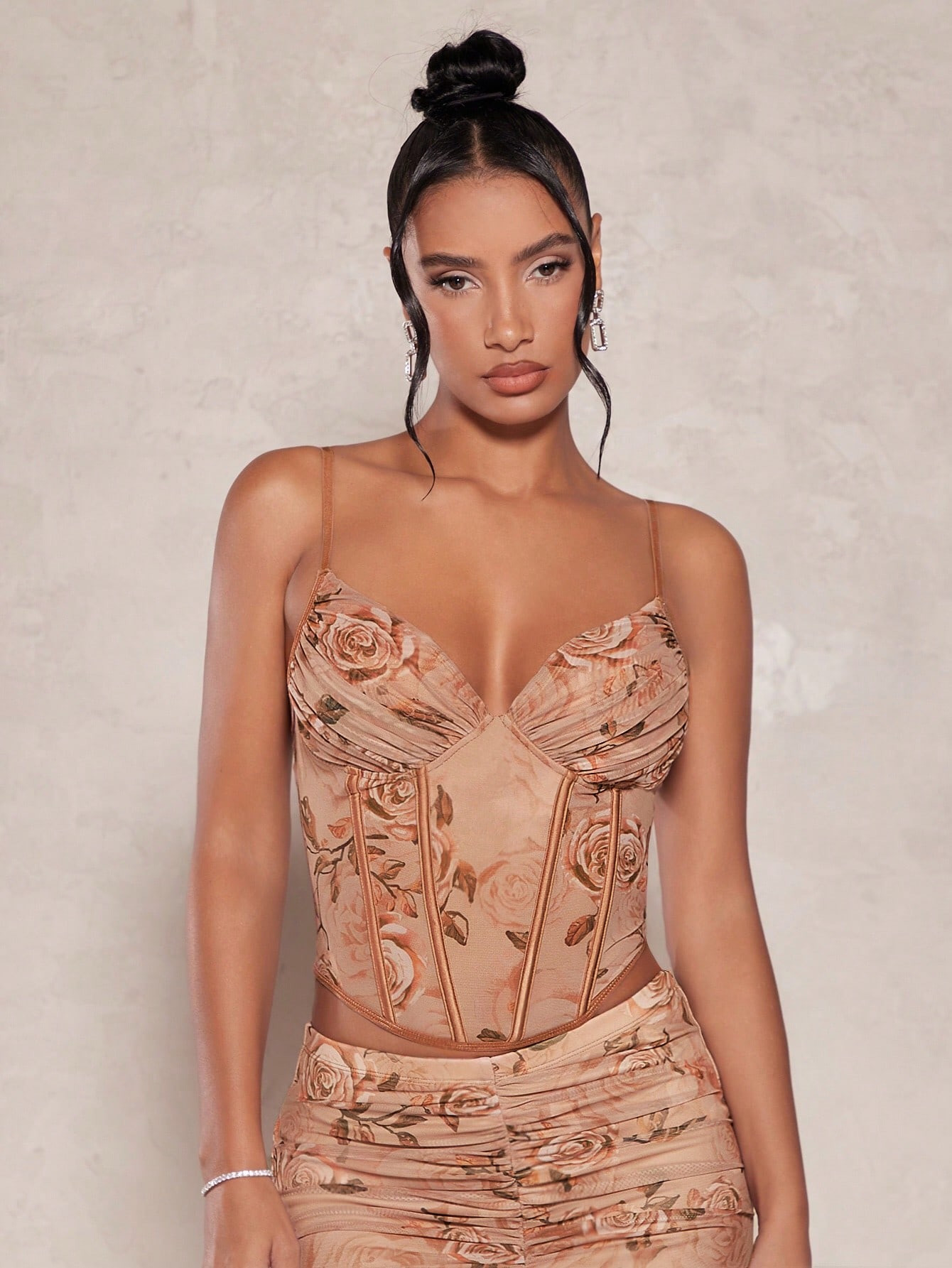 SHEIN BAE Floral Print Ruched Bustier Mesh Cami Top | SHEIN
