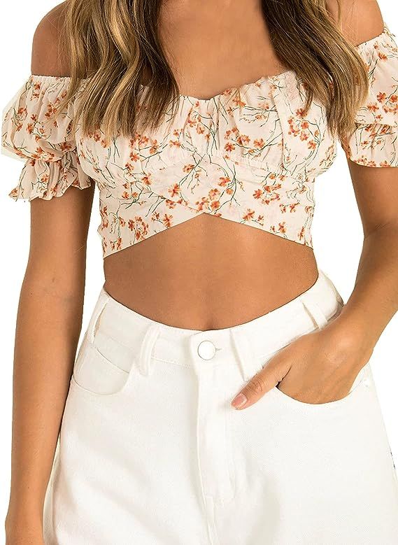 Murimia Women's Off Shoulder Ruffle Crop Top Tie Up Back Short Sleeve Shirt Blouse Top | Amazon (US)