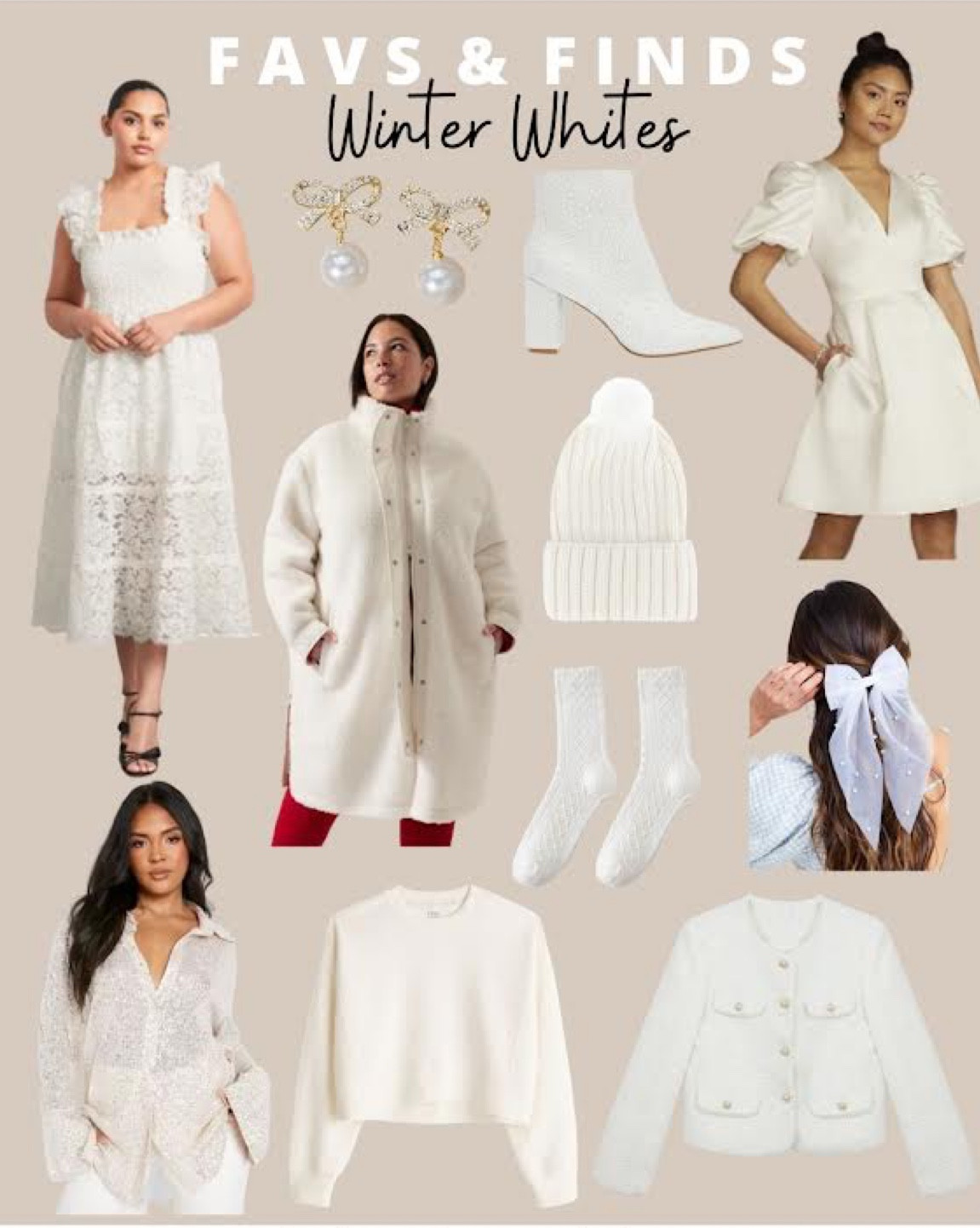 Winter Whites: lace nap dress, bow pearl earrings, pearl and rhinestone booties, bridal mini dress, puff Sherpa coat, pom beanie, lace tulle hair bow, cable knit tube socks, tweed Chanel-inspired jacket, cropped pullover, glitter button down blouse

#LTKcurves #LTKSeasonal #LTKstyletip