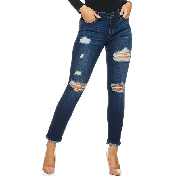 Sofia Jeans By Sofia Vergara Women’s Bagi Boyfriend Destructed Mid Rise Jeans With Roll Cuffs | Walmart (US)