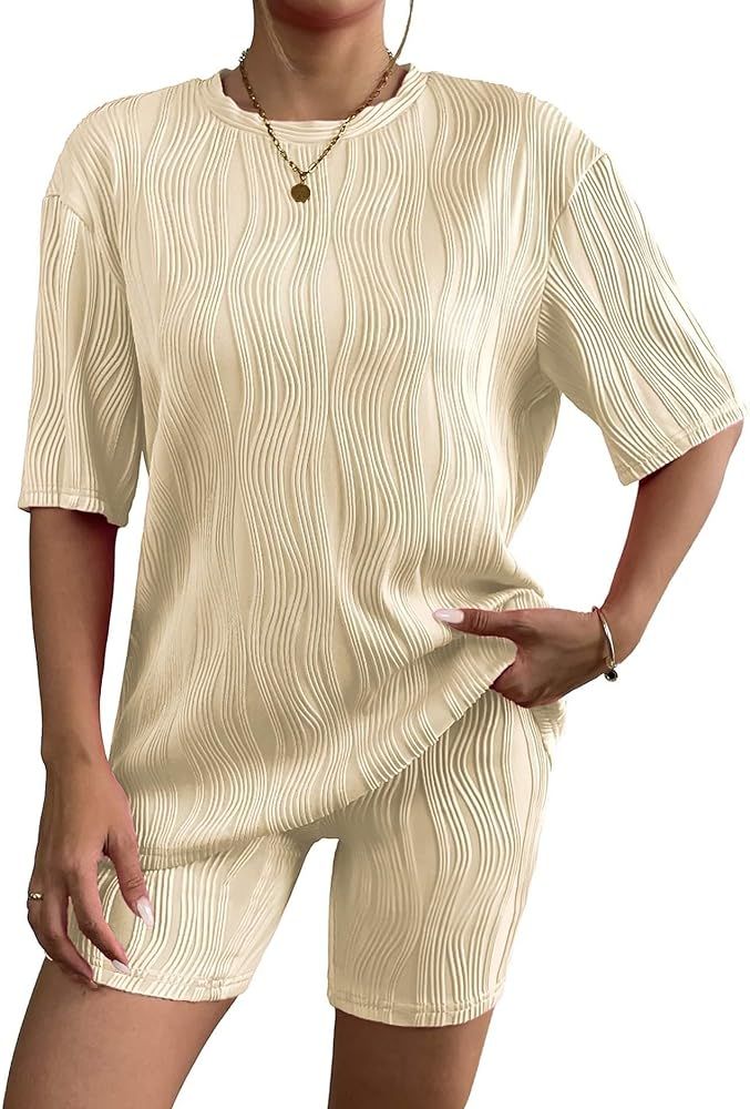 Ekouaer Pajamas 2 Piece Lounge Sets Short Sleeve Matching Outfits Oversized Shirt Biker Shorts Se... | Amazon (US)