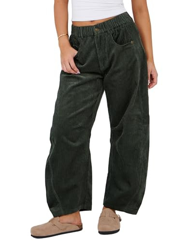 SeekMe Women's Corduroy Pants Barrel Mid-Rise Elastic Waist Cord Pants Casual Wide Leg Baggy Trouser with Pockets(0005-Darkgreen-Medium) | Amazon (US)