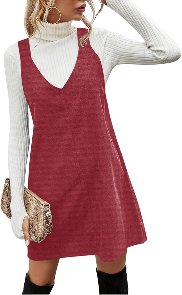 Koinshha Women V Neck Corduroy Overall Dress Casual Loose Short Pinafore Dresses Cute Mini Jumper... | Amazon (US)