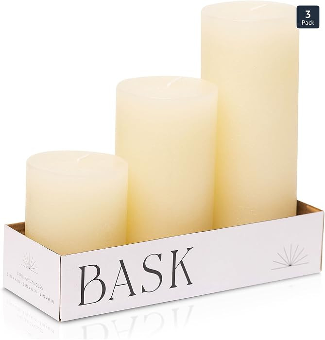 BASK Mottled Pillar Candles - Unscented Ivory Pillar Candles Set of 3 - Dripless, Smokeless for A... | Amazon (US)