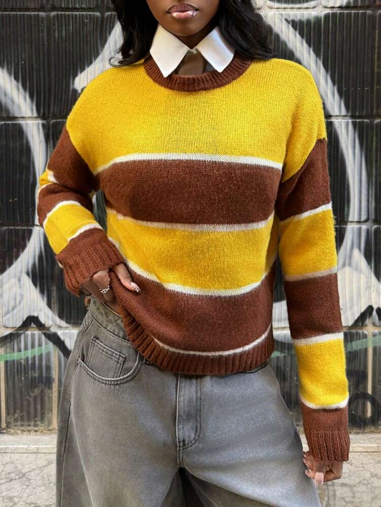 Modviera Women's Casual Striped Round Neck Drop Shoulder Long Sleeve Sweater, Autumn/Winter Striped Sweater Yellow Sweater Brown Sweater Fall Sweater For School,Suitable For Holiday, Date, Afternoon Tea, Western, Cruise, Beach, Island, Road Trip, All Seasons, Music Festival, Boho Vacation,Bohemian Vacation, Chill Autumn ,Western Boho ,Elegant Tops For Women | SHEIN