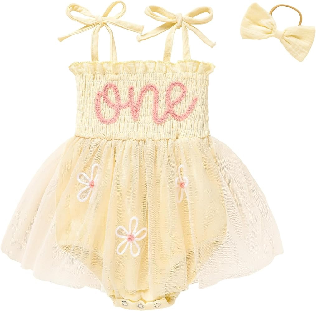 Baby Girl 1st Birthday Clothes One Year Old Tulle Romper Sleeveless Bodysuit Cake Smash Outfits | Amazon (US)