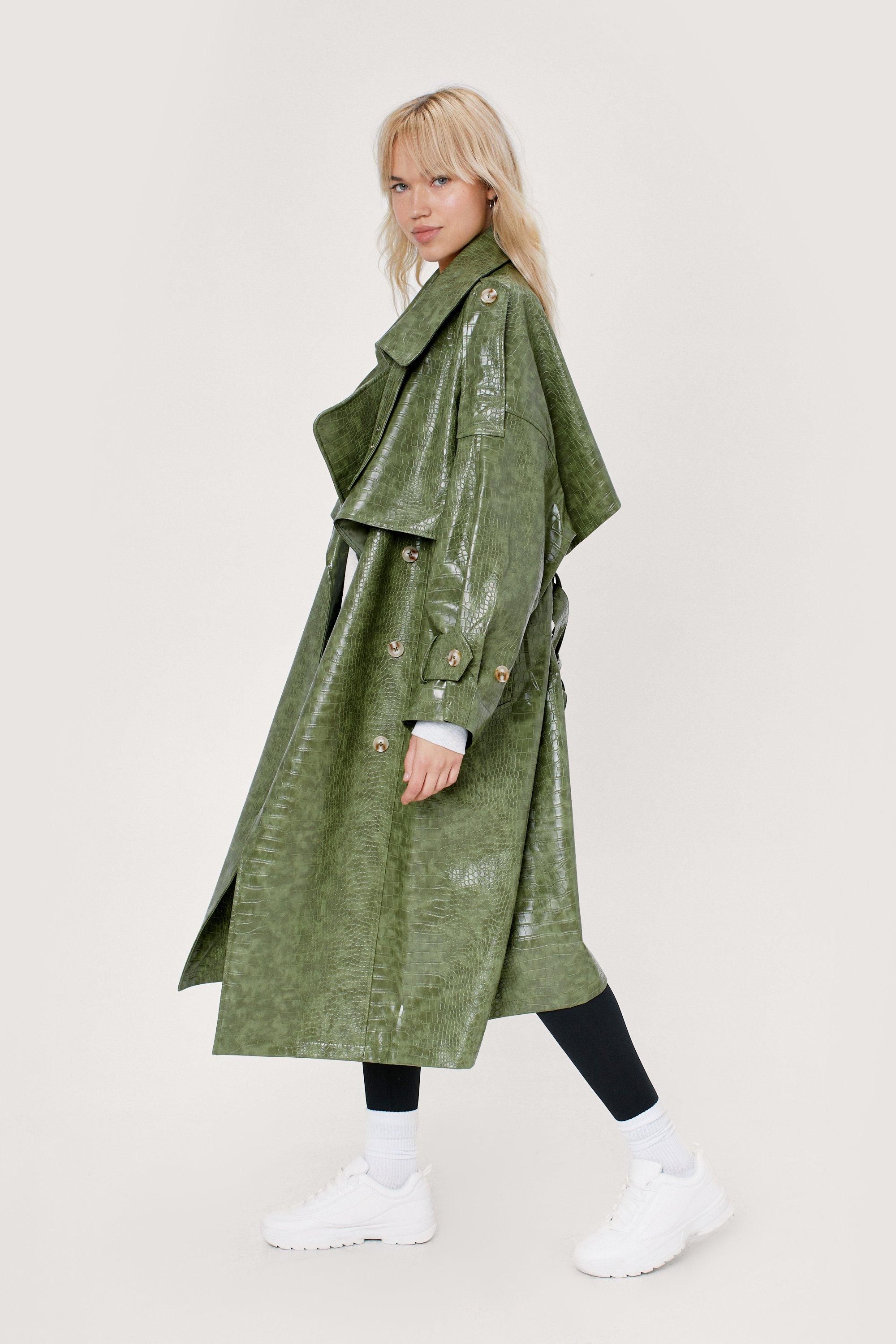 Faux Leather Croc Print Oversized Trench Coat | Nasty Gal (US)