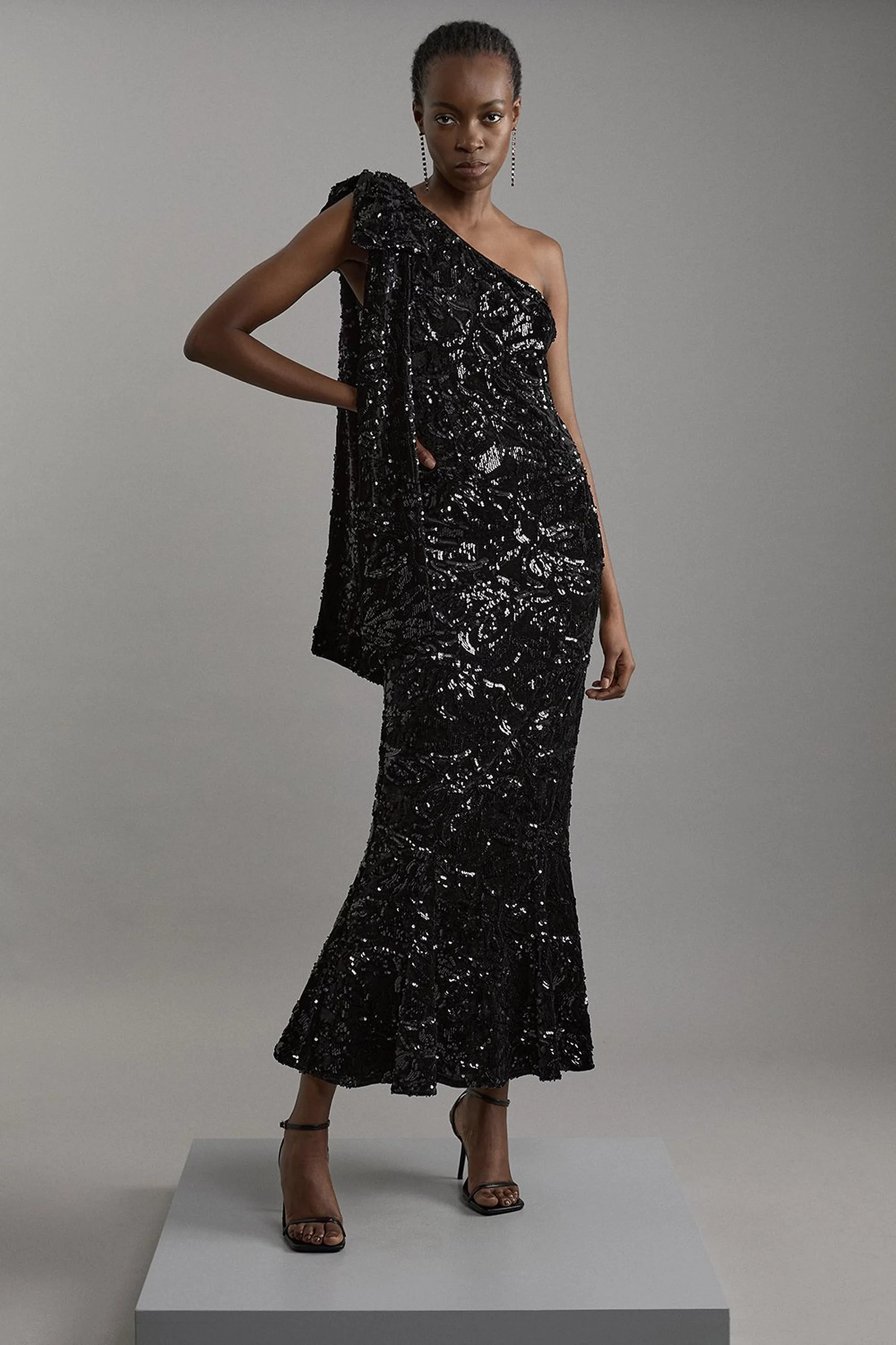 Velvet Sequin One Shoulder Woven Maxi Dress | Karen Millen | Karen Millen UK + IE + DE + NL