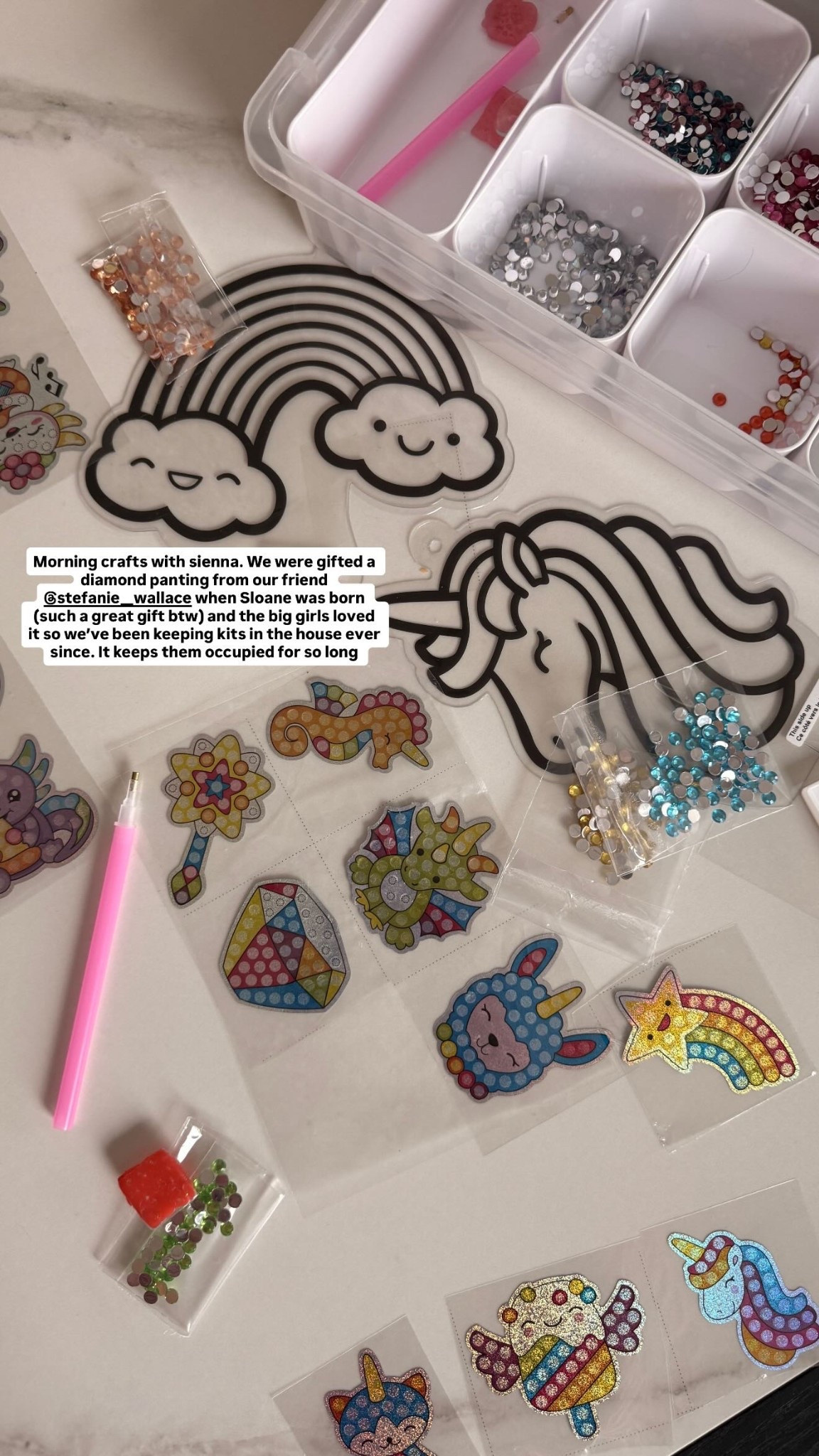 Morning crafts with sienna. We were gifted a diamond panting from our friend @stefanie__wallace when Sloane was born (such a great gift btw) and the big girls loved it so we’ve been keeping kits in the house ever since. It keeps them occupied for so long

Arts and crafts, kids activities, diamond painting, family, screen free activities 

#LTKKids #LTKHome