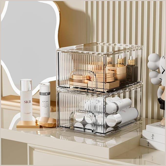 2 Pack Clear Stackable Cosmetic Organizer, Acrylic Drawer, Plastic Organizer for Dresser, Vanity,... | Amazon (US)